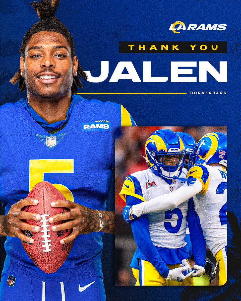 RamsNFL's tweet photo. A fierce competitor who embraced our city and helped bring a championship to LA. 

Thank you, @jalenramsey. 💙 https://t.co/ezbKoyZ3NC