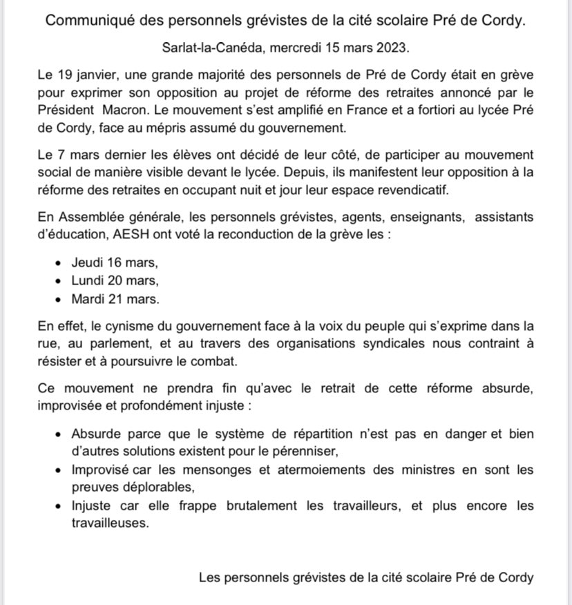 SnesFSU24's tweet photo. 🔥🔥🔥communiqué des personnels grévistes de la cité scolaire Pré de Cordy de #Sarlat🔥🔥🔥
#Dordogne #GreveDuBac #Reconductible #Greve16mars #ReformeDesRetraites #64anscestnon https://t.co/NE7q6RCAW4