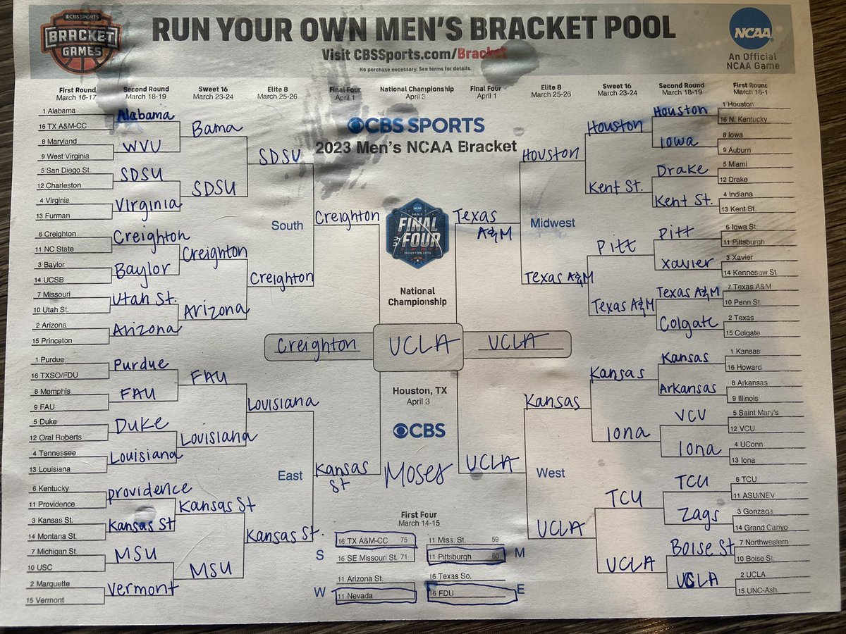 clubtrillion's tweet photo. 🚨The 11th annual Moses Bracket has officially been completed (slobber included)🚨

Louisiana is his pick for the Cinderella run, but he's also drinking the Vermont and Colgate Kool-Aid

Final Four:

Creighton
Kansas State
Texas A&amp;M
UCLA

UCLA over Creighton for the title https://t.co/xWNoZ2cVzH