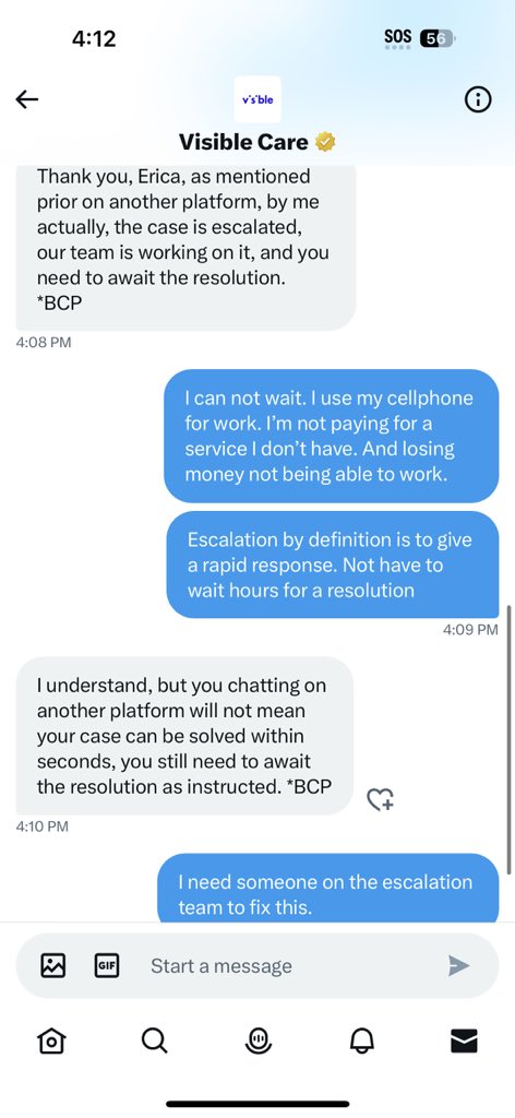 ArkaLynne's tweet photo. @visiblecare this is your definition of “escalation” WAIT…. This is not helping me. I’m paying for a service I don’t have. https://t.co/wwHNZiAjKE