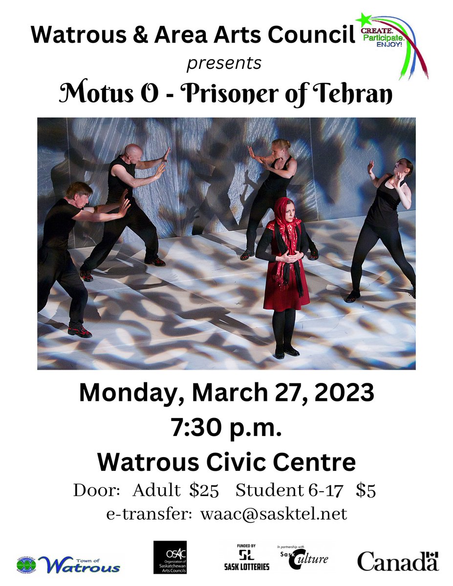 Watrous_Manitou's tweet photo. The Watrous Arts Council presents Motus O: Prisoner of Tehran. Based on a true story about a teenager in the โ80s, now a Canadian citizen, telling her story of imprisonment in Iran, brought to life through storytelling and modern dance. #experiencemanitou #exploresk https://t.co/rTtY9iUrRc