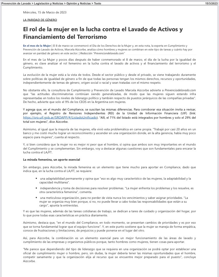 MAizcorbe's tweet photo. Comparto la nota  que fue  publicada en el portal https://t.co/EmhGeizbwe .
Fue un honor para mí en el mes de la mujer poder opinar sobre “El Rol de la Mujer en la lucha contra el Lavado de Activos y Financiamiento del Terrorismo” https://t.co/DW1gaRnUwd