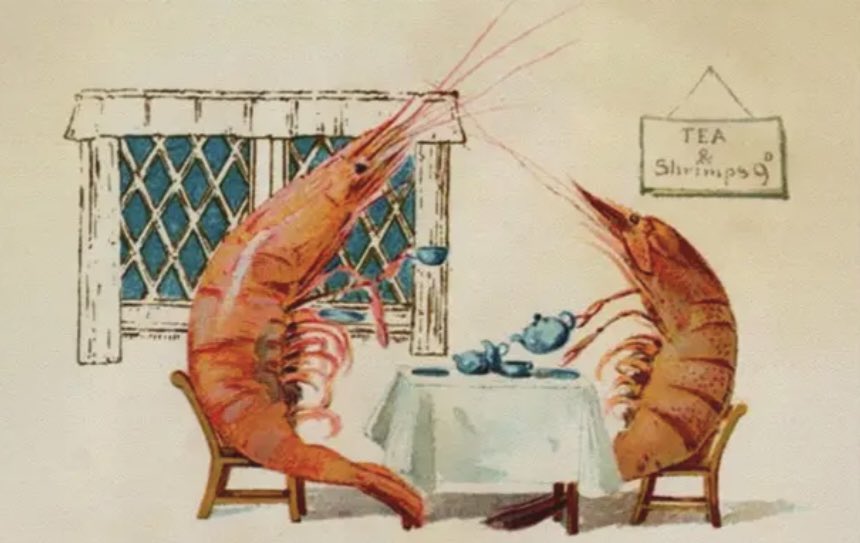 Shrimps drinking tea 
(Victorian postcard)