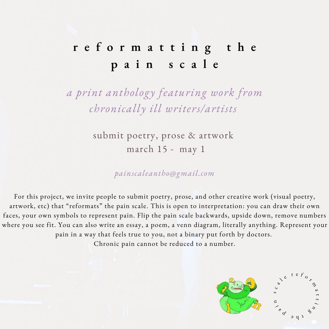 Olney Magazine 💛 (@olneymagazine) on Twitter photo introducing…. REFORMATTING THE PAIN SCALE (<a href="/painscaleantho/">Reformatting The Pain Scale</a>,) an Olney Magazine print anthology for chronically ill writers & artists to reclaim their experiences of living with chronic pain. introducing…. REFORMATTING THE PAIN SCALE (<a href="/painscaleantho/">Reformatting The Pain Scale</a>,) an Olney Magazine print anthology for chronically ill writers & artists to reclaim their experiences of living with chronic pain.