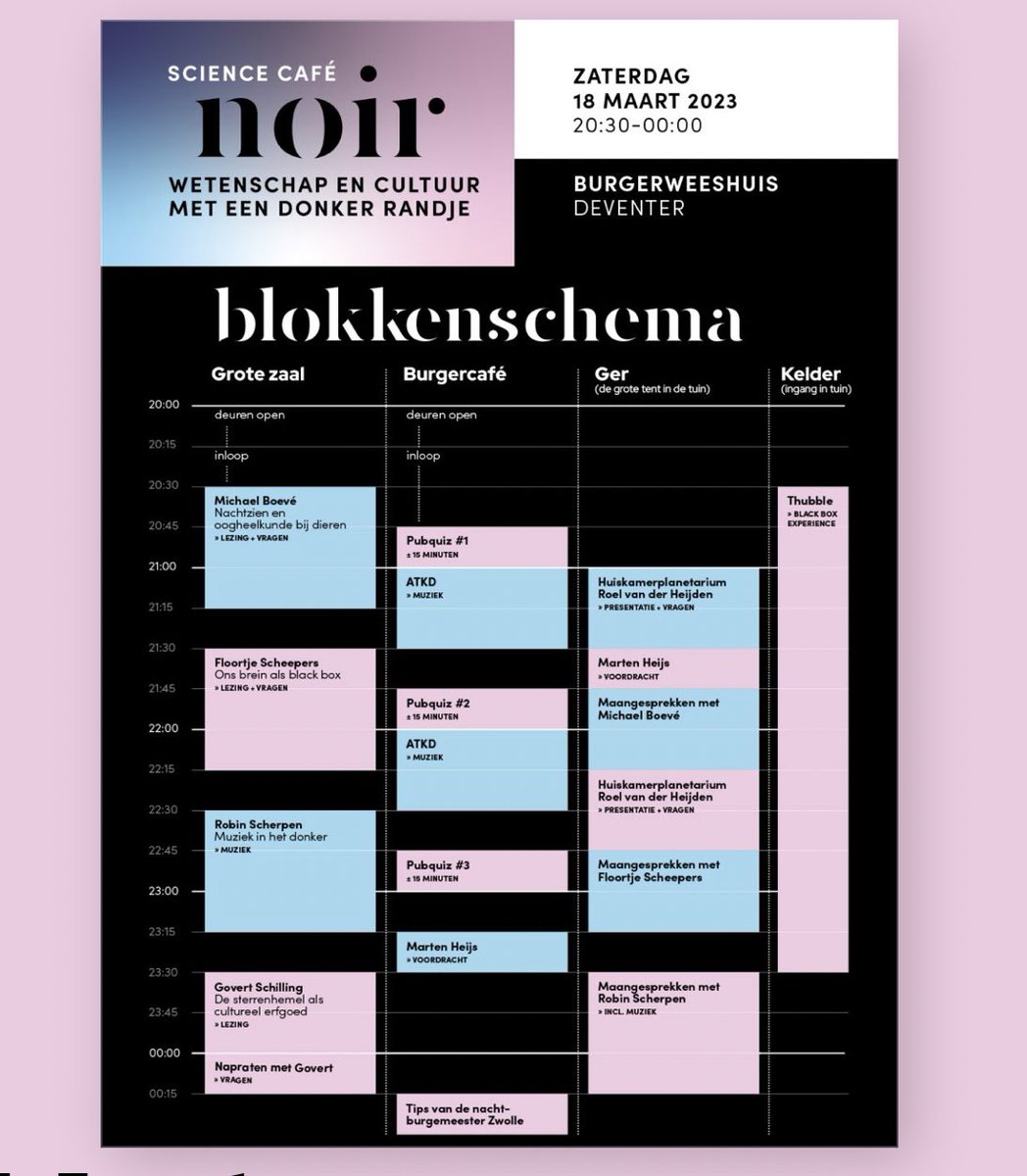 Het blokkenschema voor Science Café Noir zaterdag 18 mrt 20:30-00:30 uur in Burgerweeshuis Deventer is bekend: sciencecafenoir.nl/assets/files/b… 
Koop je kaartje hier op tijd: burgerweeshuis.stager.nl/web/tickets/11…