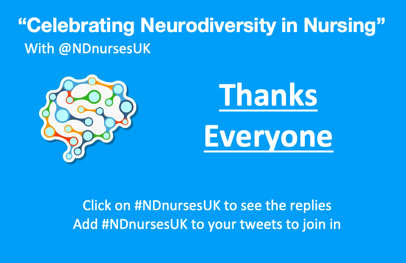NDNursesUK's tweet photo. That wraps up the official part of #NDnursesUK 

BUT - do keep chatting :) 

Thank YOU for joining us and @ben_imaging, @EmmaY_OT and @jessica_pidcock from @SSHINE_students and @autisticmidwife for being with us this evening on #NDnursesUK for #celebratingneurodiversityweek https://t.co/uGLa5BLsa4