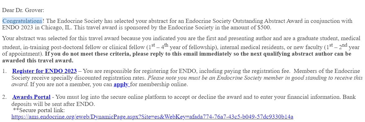 Congratulations to <a href="/GroverAshna/">Ashna Grover</a> on winning the #Outstanding #abstract award at the #Endocrine Society! Your hard work and dedication are paying off." <a href="/TheEndoSociety/">Endocrine Society</a> #research #achievement