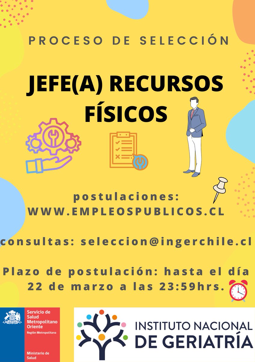 <a href="/ingerchile/">Instituto Nacional de Geriatría</a> requiere contratar a 1 persona para el cargo de Jefe(a) de Recursos Físicos. Las personas interesadas deben ingresar en empleospublicos.cl, donde se encuentran  los requisitos para postular al cargo. El plazo de postulación es hasta el día miércoles 22 de marzo