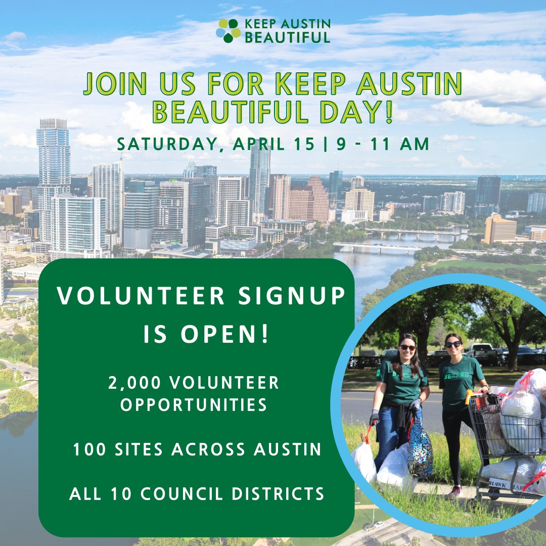 KAB_Austin's tweet photo. General volunteer registration is open now for Keep Austin Beautiful Day! Join us Saturday, April 15th, for our largest cleanup of the year in honor of Earth month. Link in bio. #KeepAustinBeautifulDay #volunteer https://t.co/zFxKWVaEpR
