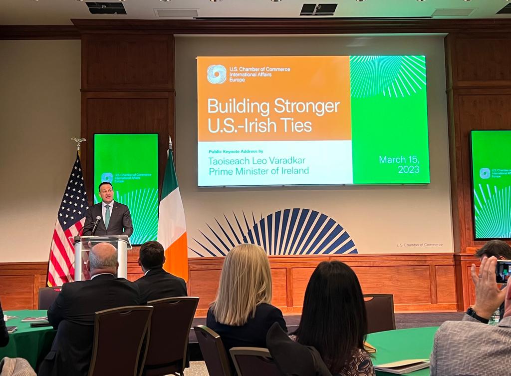 AmericanChamber's tweet photo. AmCham President Seamus Fives and AmCham CEO Mark Redmond were delighted to attend a keynote address and roundtable event with An Taoiseach Leo Varadkar, and CEO of the US Chamber of Commerce Suzanne Clark in Washington DC today.
#AmChaminDC https://t.co/DxHMEw272u