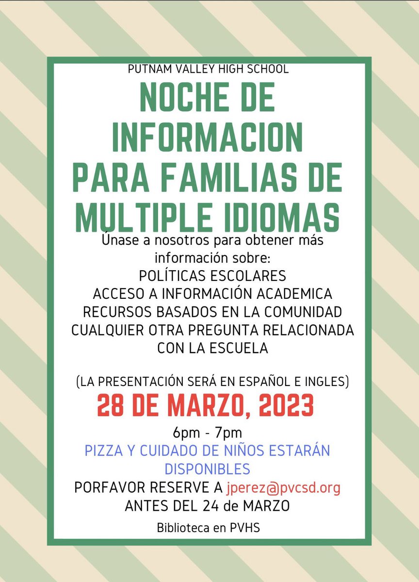 MrsCancellaroPV's tweet photo. Excited to be working with @AlyssaHimmie and @NelsonENL on our upcoming Multilingual Family Information Night at PVHS! Can't wait to meet with our wonderful families! March 28th, 6-7pm.
#PVPride @jluft1 @JackieLevinePV @44natalie @mattmello56 @LP10579 @PutnamValleyCSD https://t.co/EHj2KKsLgp