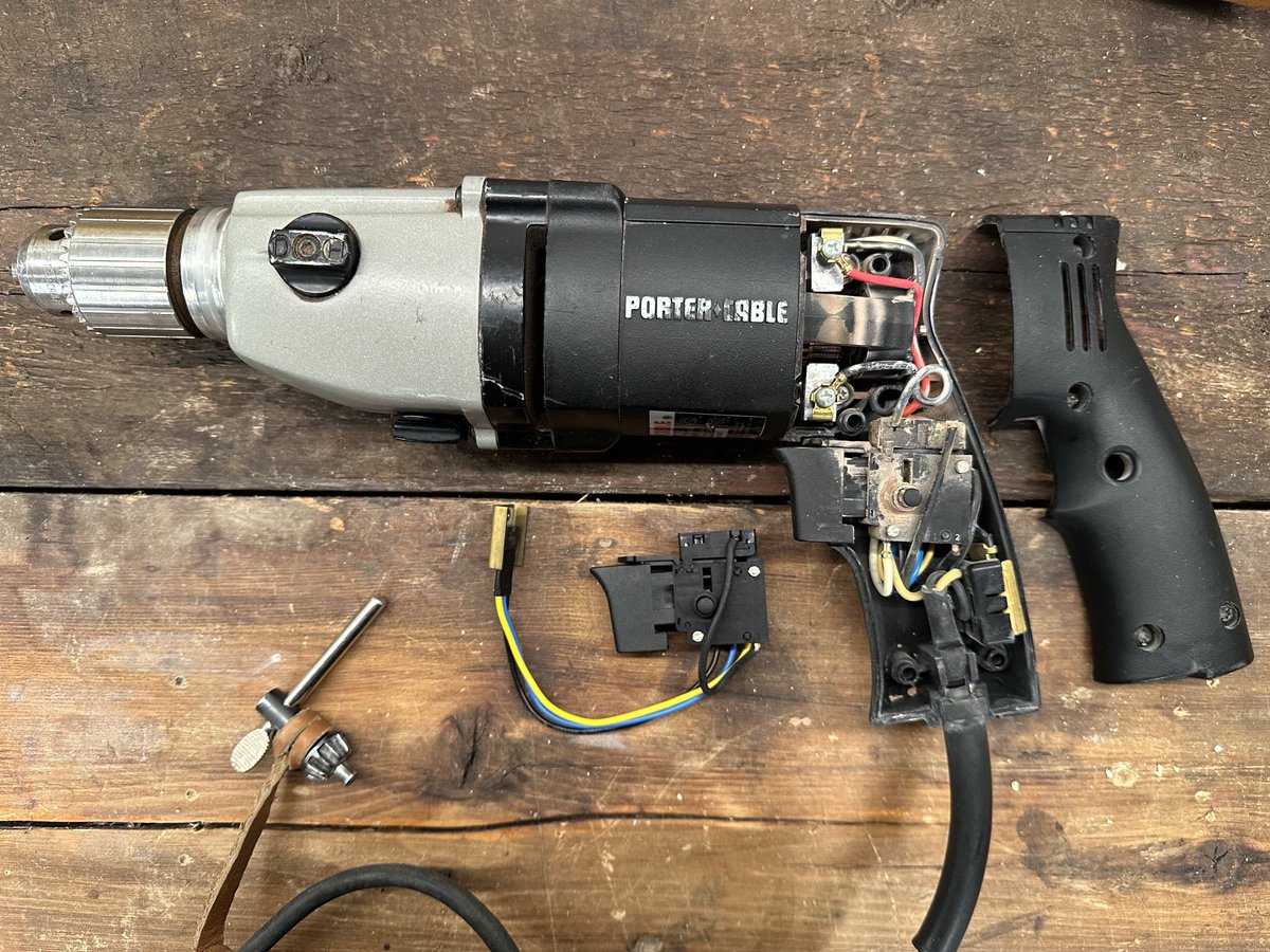 TheTedAllen's tweet photo. We’ve had this #PorterCable beast of a hammer drill for a long-ass time—#madeinAmerica (they aren’t any more)—and I love it. Reversing switch went bad; the new one just came. Will I succeed in fixing it? News soon… https://t.co/4W9zTGdJMD