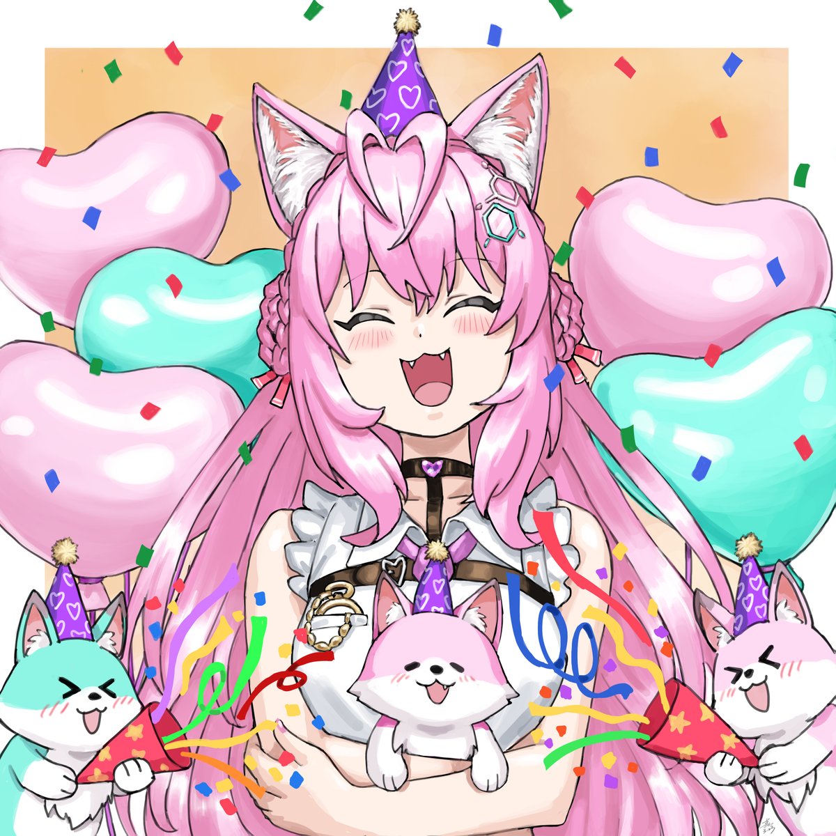 hakui koyori 1girl party hat animal ears balloon confetti pink hair wolf ears  illustration images