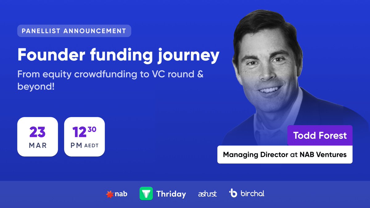Join <a href="/NAB/">NAB</a> Ventures Founder &amp; MD Todd Forest to learn what VCs really look for and setting up a smarter funding strategy from equity crowdfunding to VC rounds and beyond! Free webinar, 23 Mar 1230pm (AEDT). Register now: bit.ly/3mQTxvA