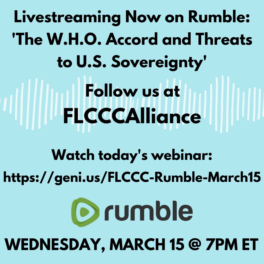 Honest_Medicine's tweet photo. We are livestreaming now on Rumble! ‘The W.H.O. Accord and Threats to U.S. Sovereignty’ with Dr. @PierreKory, @drpaulmarik1, @SenRonJohnson and Daniel Horowitz @RMConservative.
March 15, 2023 at 7PM ET.
Watch now: https://t.co/b78ySJtsCN
#WHO #FLCCC #USSovereignty https://t.co/0PfBnHNEjP