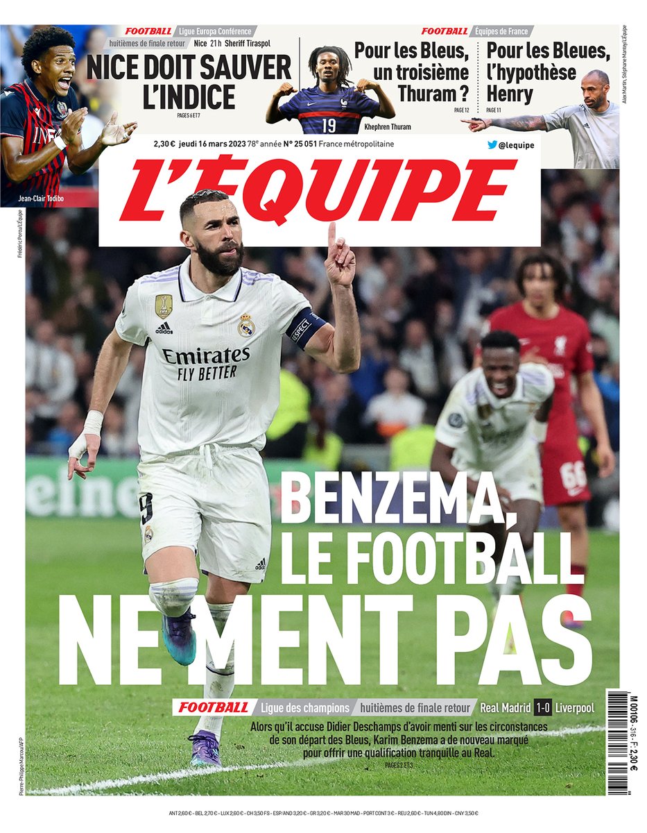 lequipe's tweet photo. 🗞️ « Benzema, le football ne ment pas » : la une du journal L'Équipe du jeudi 16 mars 2023 https://t.co/HVT3bUukMo