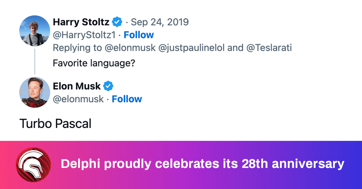 Embarcadero Tech (@embarcaderotech) on Twitter photo A language is no more than that for most developers, but for Delphi developers, it's a love affair! Happy 28th, #Delphi!
<a href="/learndelphi/">Learn Delphi</a> A language is no more than that for most developers, but for Delphi developers, it's a love affair! Happy 28th, #Delphi!
<a href="/learndelphi/">Learn Delphi</a>