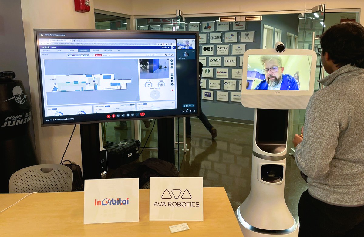 InOrbit (@inorbitai) on Twitter photo Yesterday marked the latest <a href="/MassRobotics/">MassRobotics</a> #Demo Day. We couldn't make it to #Boston so instead, we ran live demos, with real #robots running in California at the #RobotSpace as hosted by CEO @FlorianPestoni on an <a href="/AvaRobotics/">Ava Robotics</a> Mobile #Telepresence #Robot. Weird but it worked🎉 Yesterday marked the latest <a href="/MassRobotics/">MassRobotics</a> #Demo Day. We couldn't make it to #Boston so instead, we ran live demos, with real #robots running in California at the #RobotSpace as hosted by CEO @FlorianPestoni on an <a href="/AvaRobotics/">Ava Robotics</a> Mobile #Telepresence #Robot. Weird but it worked🎉