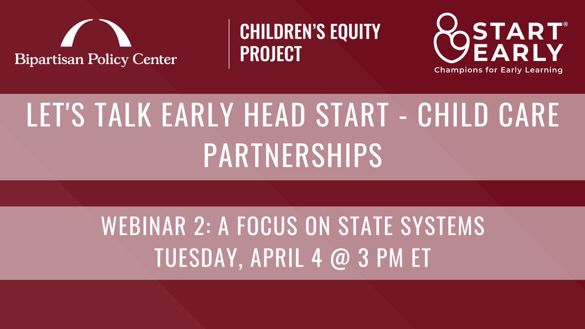 ChildrensEquity's tweet photo. Join us for Pt 2 of our EHS-CCPs Webinar Series w/ @BPC_Bipartisan & @StartEarlyorg. Learn how states can build EHS-CCPs & align state systems w/ the holistic #HeadStart model & hear from #EHSCCP admin in CA & GA, & other state leaders. Register here: https://t.co/qbRt3O6xgE https://t.co/WP5o1VM23X