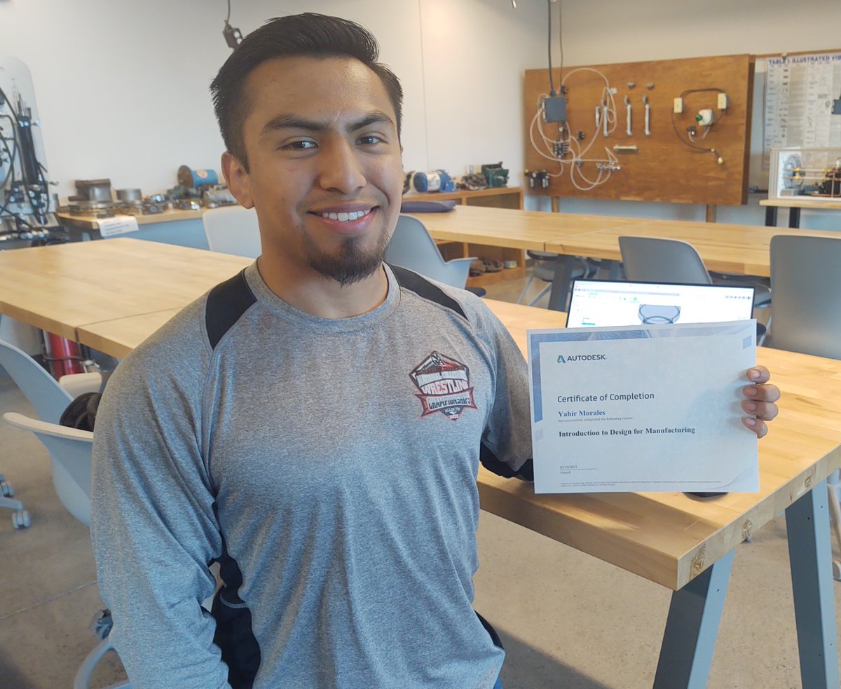 BigBendVikings's tweet photo. As part of the Intro to Computer Aided Manufacturing class (MPT 120), Yahir Morales-Tolentino is the second student to receive a certificate of completion from Autodesk for their learning course "Introduction to Design for Manufacture" with Fusion 360.
#BigBendCC https://t.co/85Loq9sAg9