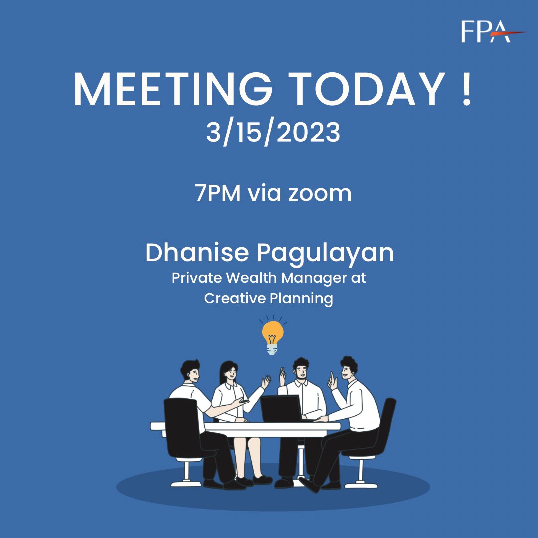 Happy Wednesday everyone!
Tonight, we will have Dhanise Pagulayan join us on zoom at 7pm. She is a Wealth Manager at Creative Planning LLC and will be talking about her experience in the Financial Planning Industry and how she got started after college.

lnkd.in/g2gcmR6g