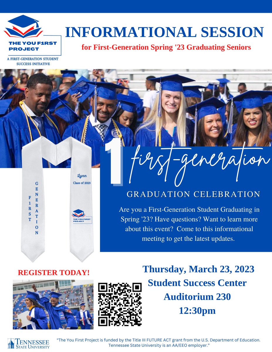 Are you a graduating First-Generation Student?👀 If so, join us for our First-Generation Graduation Celebration! 🎓🎊 Register with the QR code on the flyer or the link in our BIO! You would also receive a stole like in the pic above plus more! #tsu23💙🐯 #firstgen