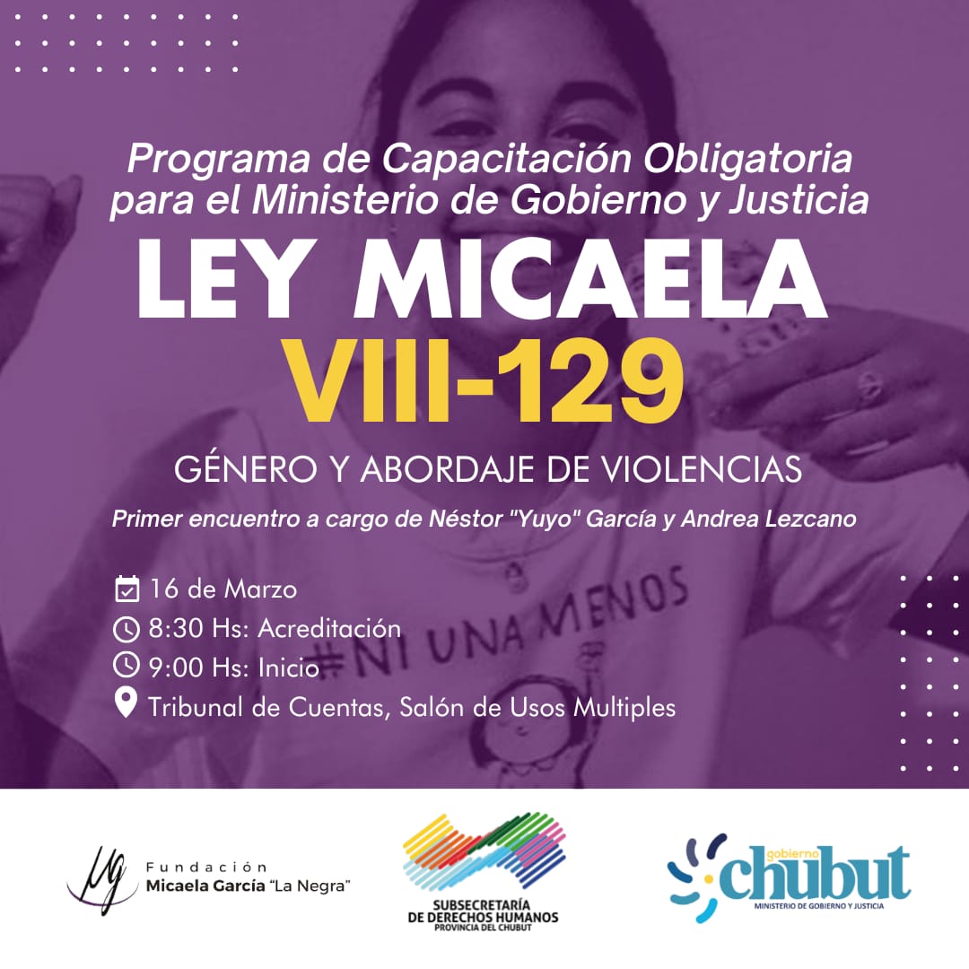🟣 LEY MICAELA
✓ Comienza el Programa de Capacitación Obligatoria y Permanente para agentes del @Mingobyjustch 
✓ El 1° encuentro estará a cargo de Yuyo y Andrea García, padres de Micaela García e impulsores de la Ley Micaela en nuestro país