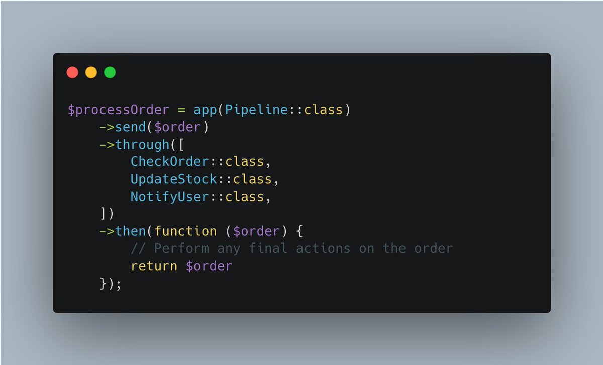 ALEMRANCU's tweet image. 🚀 #LaravelTip: Use Laravel&apos;s Pipeline to simplify complex data processing workflows.Ex: Imagine you have an e-commerce site and need to process orders. You can use a pipeline to handle an order through a series of stages, such as checking, updating stock, and notifying the user.