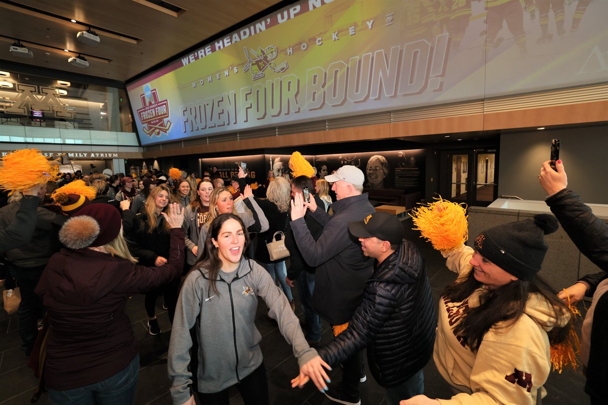 GopherWHockey's tweet photo. WHAT A SEND OFF‼️

A huge thank you to @GopherFootball, @GopherHockey and all of the fans and staff who helped send us off to Duluth 💛

Let's go win this thing! https://t.co/JOtnPBjs7V