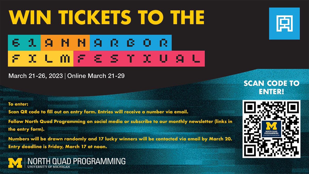 UMnorthquad's tweet photo. North Quad Programming invites you to win a chance to see one of the oldest and most celebrated independent and experimental film festivals in North America from March 21 - 26. The Ann Arbor Film Festival is entering its 61st year and you can win tickets to take part!
#umich https://t.co/okMR7poTU2