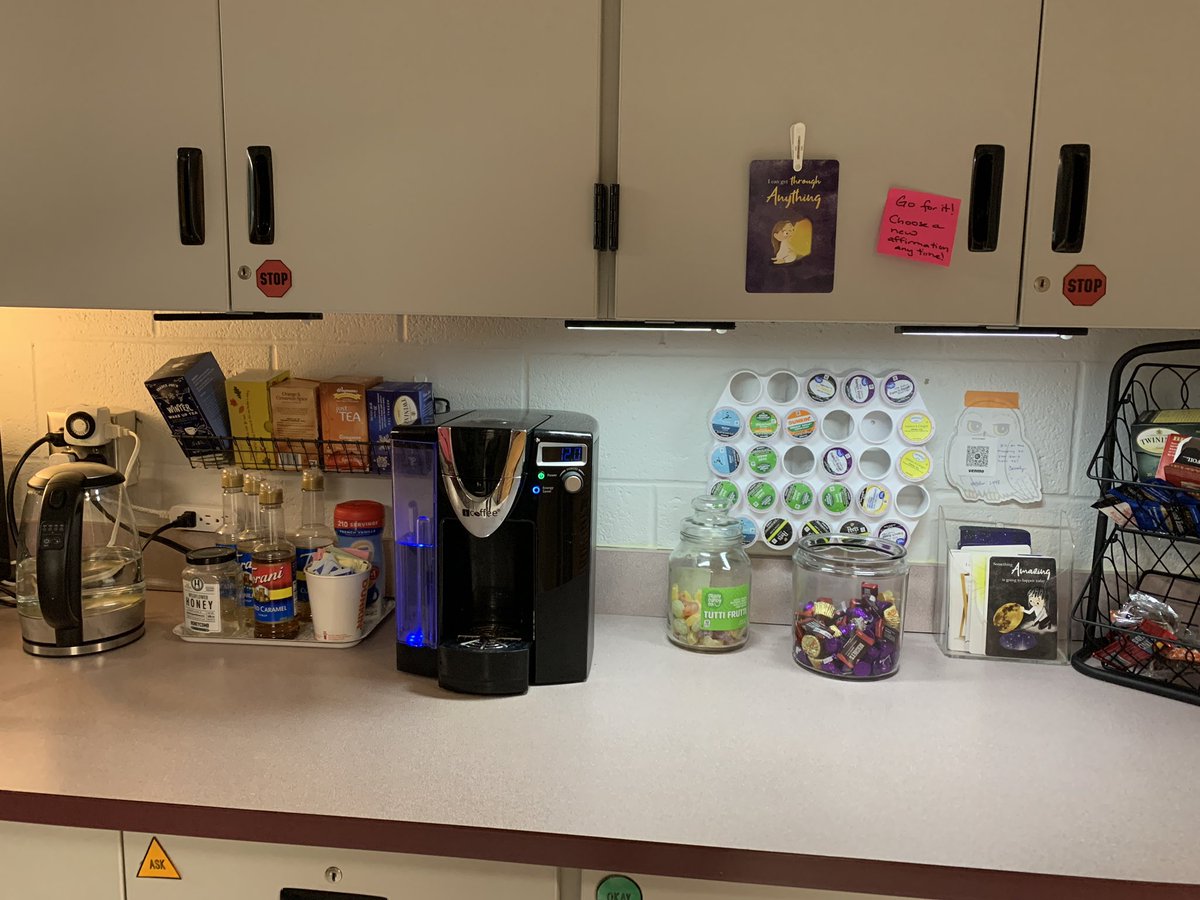 carolynvibbert's tweet photo. In #LibraryMakeover world, this idea was from February. My office has a hospitality station but it’s often in the dark because so much hall traffic would trigger the overhead lights all day. I added rechargeable motion sensor lights (with built in magnet brackets!). https://t.co/VtVSHsXOG6