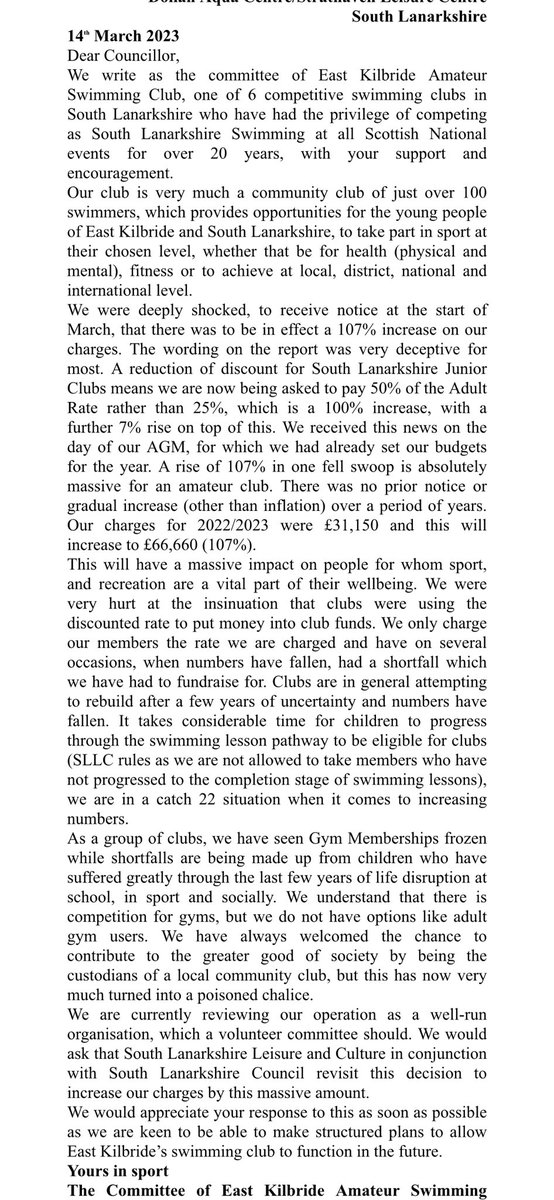 Our EKASC committee’s response to the proposed 107% price rise for junior sports clubs. <a href="/ScottishSwim/">Scottish Swimming</a>