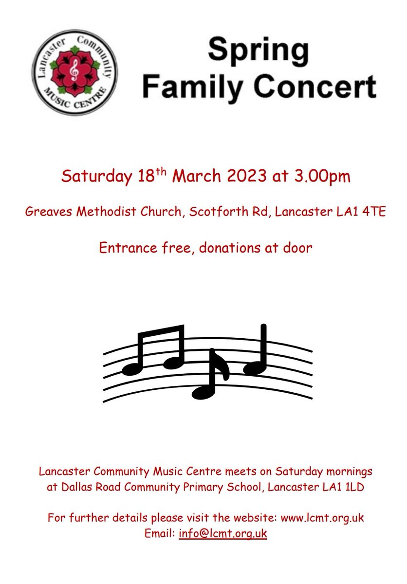 This Saturday we want to celebrate our music with you in our Family Concert,

With String Orchestra, Junior Strings, Recorders, Wind group, Folk Group and Flexitime

Saturday 18 March 
3.00-5.00pm
Greaves Methodist Church, Scotforth Road.