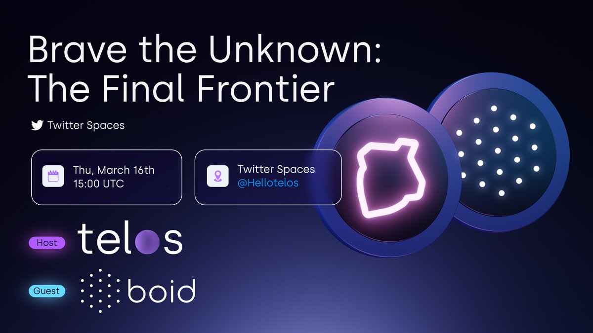 HelloTelos's tweet image. Join us in our upcoming Twitter Spaces #AMA with @boidcom happening Tomorrow - March 16 15:00 UTC! Covering distributed computing, #Metaverse, and more! 🔥

Set your reminders! 👇
📌 
📅 March 16
⏰ 15:00 UTC

#Telos #Twitterspaces #Web3