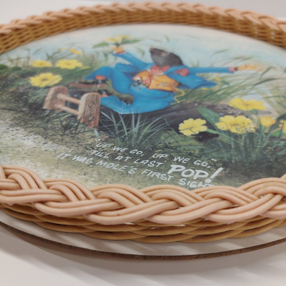 HummingLeftBird's tweet photo. Who doesn't like a happy Mr Mole. A super looking whicker and melamine round tray. #vintageshowandsell https://t.co/bZQxK6SJyz