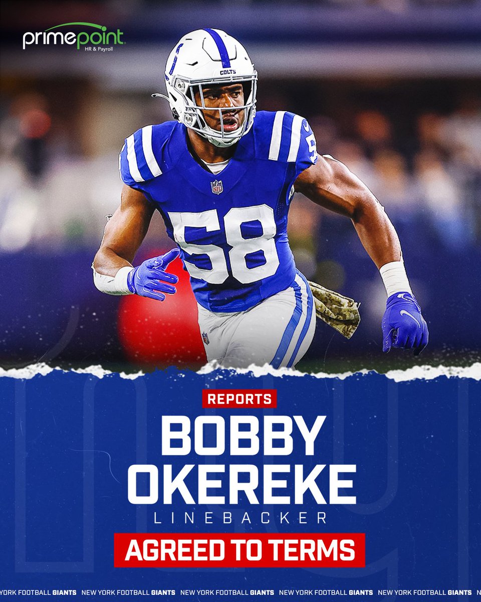 Giants's tweet photo. Reports: We have agreed to terms with LB Bobby Okereke

Details: https://t.co/Yq5vLsx7DA https://t.co/Ia2zMV9Bo6