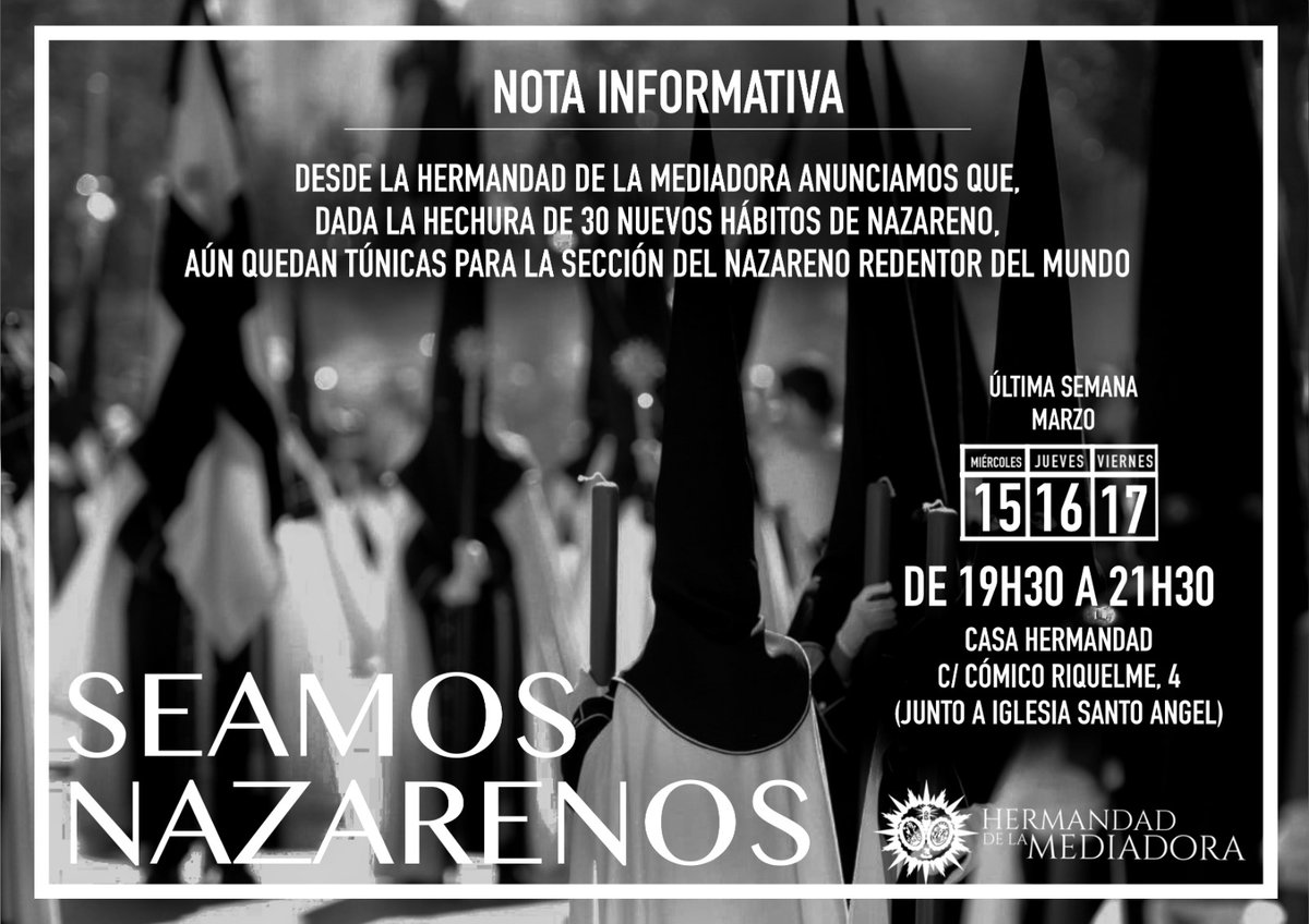 #SeamosNazarenos | Última semana de reparto para los NUEVOS nazarenos:

🗓️ 16 y 17 de marzo de 19:30 a 21:30 h.
📍 Casa Hermandad: C. Cómico Riquelme n° 4

¡Te esperamos!

#CofradíasMLG
