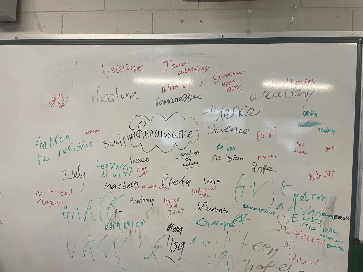 mik1's tweet image. Graffiti board with 1st years today.. Renaissance. 20minutes in teams.. brought out their competitive side🤪 all ready for scaffolded writing task next class #histedchatie #histedchat #jchistory
