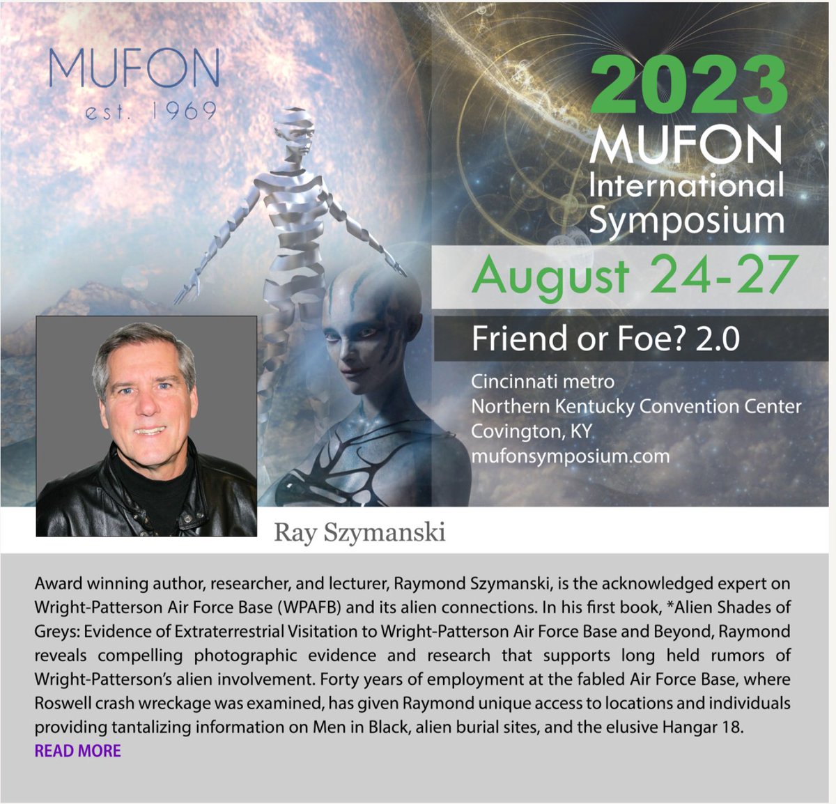 mufon's tweet image. Introducing our 2023 MUFON International Symposium speakers one by one. Welcome Mr. Raymond Szymanski! #ufology #uap #flyingobjects #crashsite #meninblack #2023mufonsymposium #ohio #kentucky #cincinnati #science #conference #livestream #uforesearcher #author #speaker #mufon