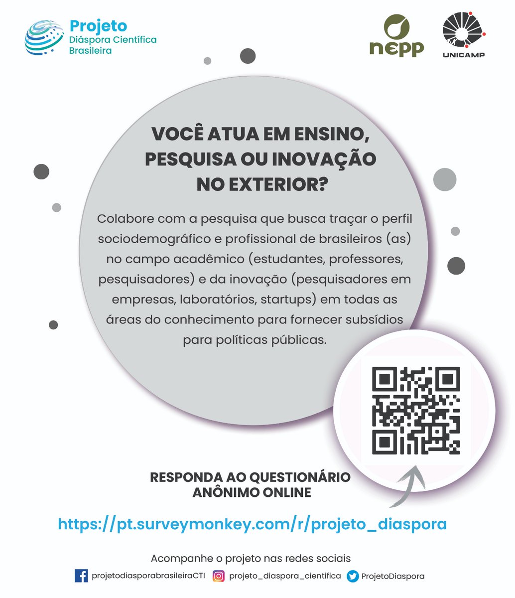 Participe da nossa pesquisa que busca conhecer os brasileiros altamente qualificados no exterior. Caso conheça alguém com este perfil, agradecemos a divulgação.
pt.surveymonkey.com/r/projeto_dias…