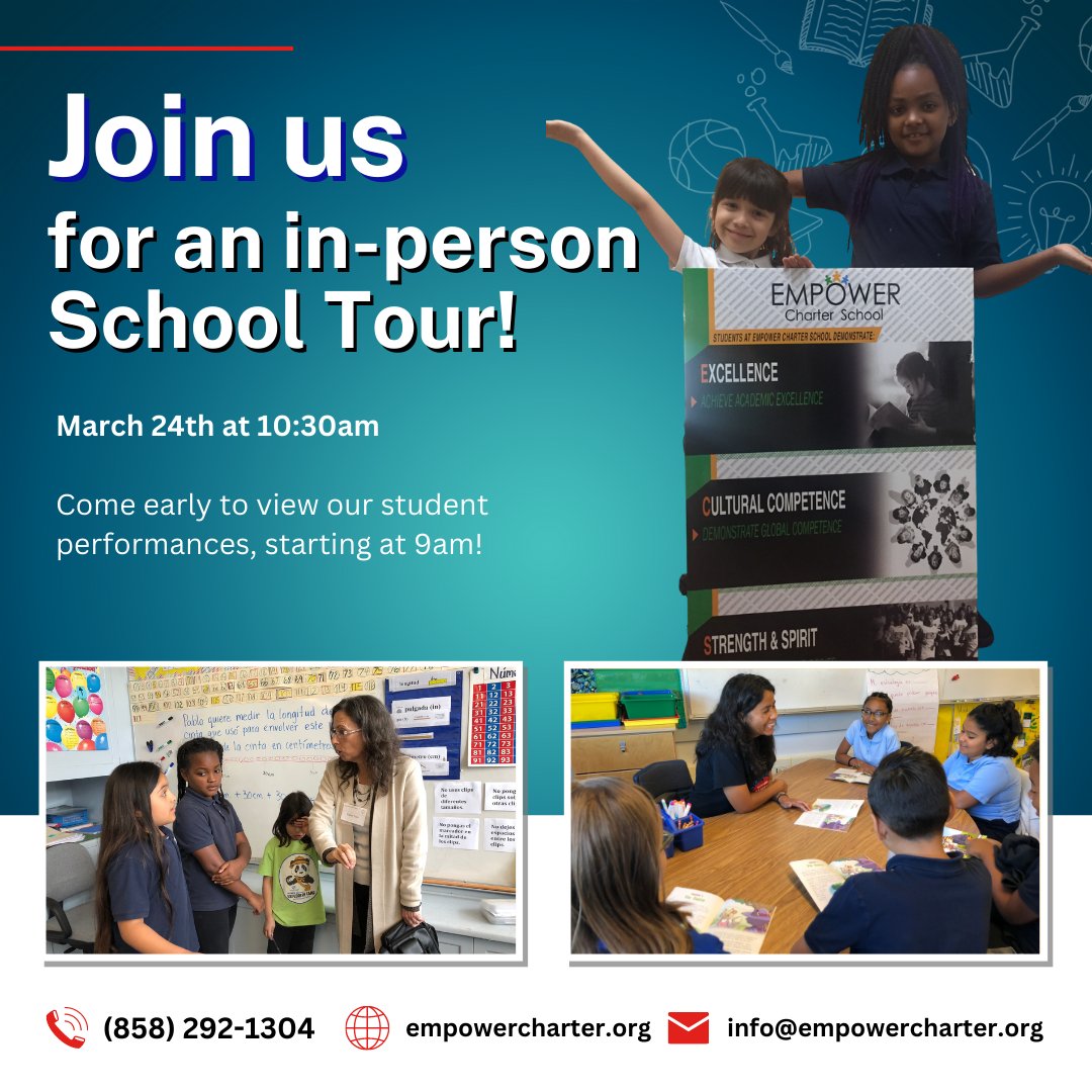 EmpowerCharter's tweet photo. Take a tour of Empower Language Academy!

While the tour officially starts at 10:30am, we encourage you to come early to view our student performances, starting at 9am!

We’re excited to meet you and your family!

#charterschool #sandiegocharterschools https://t.co/VbEemdT3l9