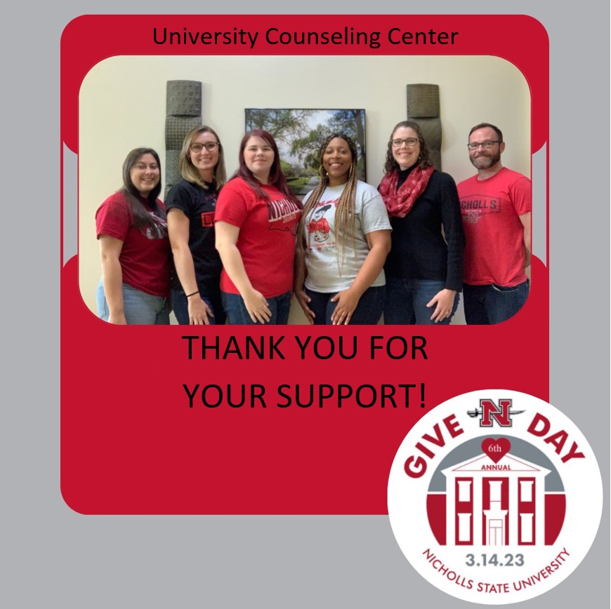 NichollsUcc's tweet photo. Thank you from the University Counseling Center Staff!

Remember that when you support our office, you're also supporting our Nicholls family's mental health and well-being!

You can still donate throughout the year at the link below!👇🏻

https://t.co/TMJrJBuYHm

#GiveNDay https://t.co/x1CwImA33z