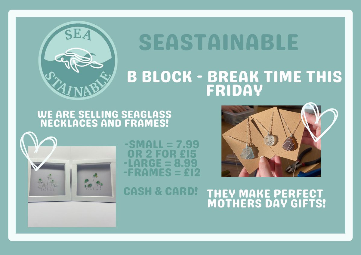 Upcoming sale alert! 

This Friday the 17th we will be hosting another sale where you’ll be able to purchase our new frames and our well known sea glass necklaces! All of which are a perfect option for mothers day! 

#seastainable #youngenterprise #seaglass