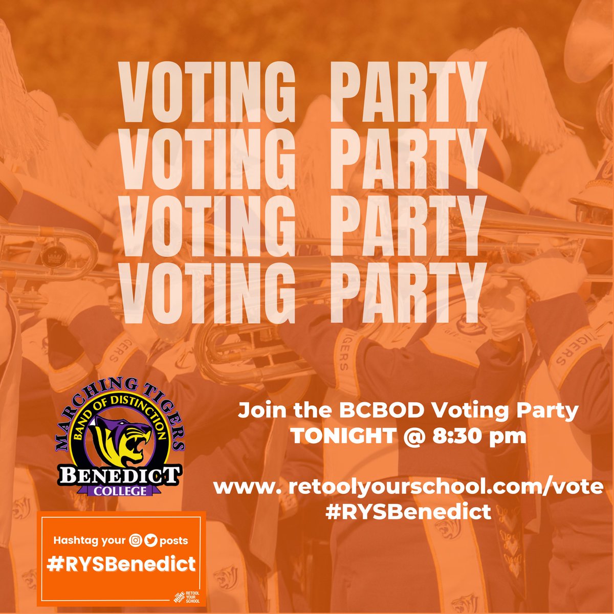 Join the BCBOD Voting party tonight at 8:30 pm. Vote NONSTOP until March 26! Visit retoolyourschool.com/vote to vote OR simply use the hashtag #RYSBenedict on ALL your Instagram and Twitter posts to help Benedict College win up to $150K in campus improvement grants.