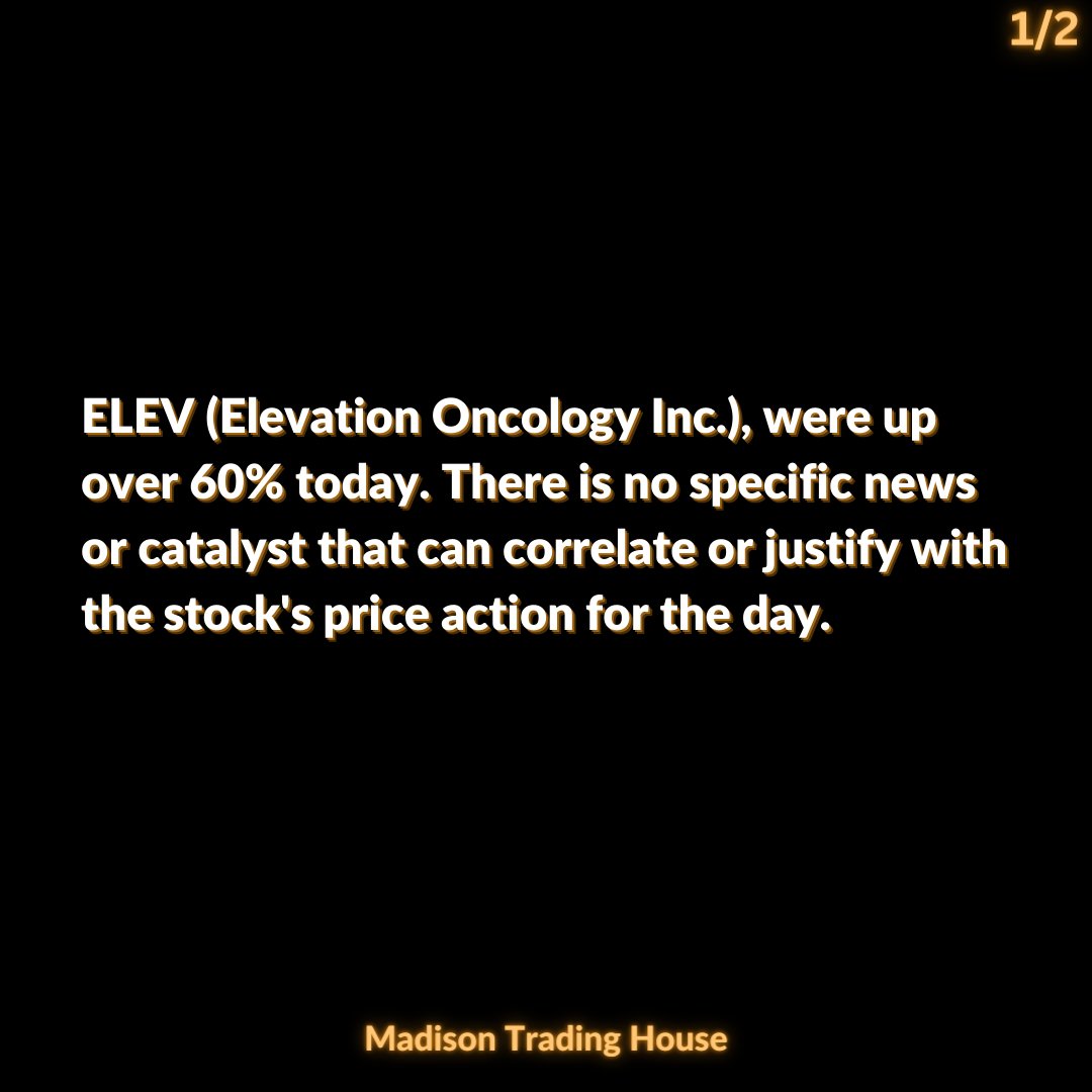 TradingMadison's tweet photo. Traders! $ELEV @elevationonc showed up on the radar inside our proprietary trading software today. There is no specific news or catalyst that can correlate or justify with the stock's price action for the day. #topgainers #smallcaps #pennystocks #daytrading https://t.co/TNmYd7akF4