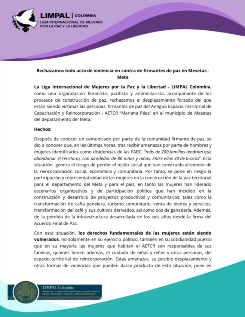 LIMPALCOLOMBIA's tweet photo. #URGENTE 🟪 Rechazamos el desplazamiento forzado del que están siendo víctimas las personas firmantes de paz del AETCR “Mariana Páez” en el municipio de Mesetas del departamento del Meta.

Abrimos hilo informativo 🧵⬇️ https://t.co/j5cjS4tQUG