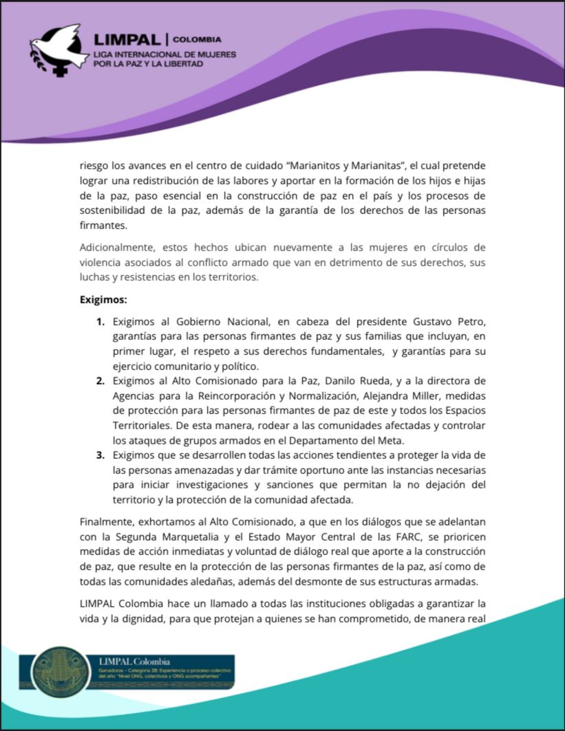 LIMPALCOLOMBIA's tweet photo. #URGENTE 🟪 Rechazamos el desplazamiento forzado del que están siendo víctimas las personas firmantes de paz del AETCR “Mariana Páez” en el municipio de Mesetas del departamento del Meta.

Abrimos hilo informativo 🧵⬇️ https://t.co/j5cjS4tQUG
