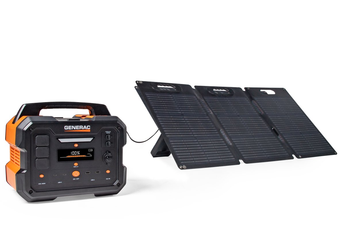 Generac's tweet photo. Solar panels are now available for our Portable Power Stations! The Generac GS100 Solar Panel is designed to harness the power of the sun to help provide long-term off-grid use capabilities. https://t.co/lh5Hrx6V4y 

#TakeCharge #PowerWhenYouNeedIt #PoweredByGenerac https://t.co/uMRkRMlriO