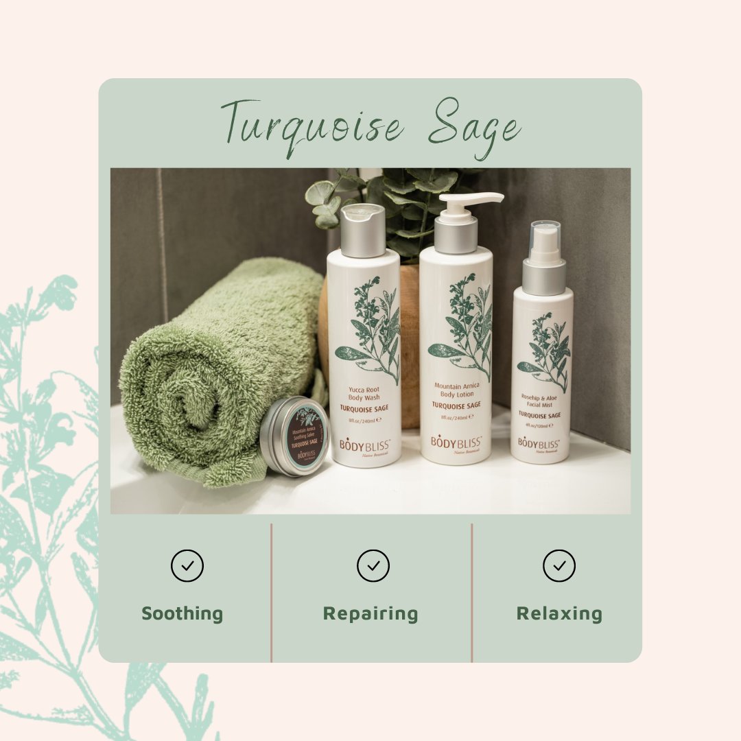 Turquoise Sage products have a light herbal scent, that recalls the purity of the high desert air and promotes healing and relaxation. #aromatherapy #turquoisesage #essentialoils #wellness #soremuscles #arizona #desert #bodybliss #spaathome