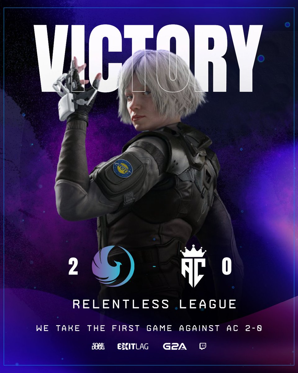 VICTORY!!! 

We take our first game in the <a href="/R6Relentless/">Relentless League</a>  vs AC 

We win first map (Oregon) 7-3 
We win second map (Villa) 7-1 

Massive GGs to the Boys, Great Performance!!